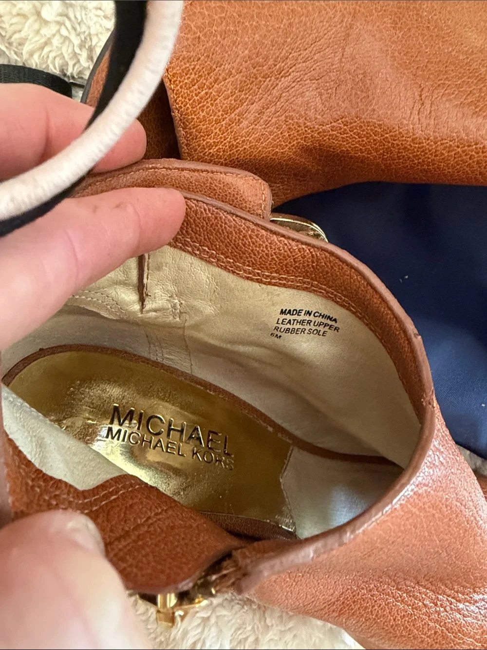 Michael Kors Tan Leather Peep-Toe Ankle Boot with Gold Buckles